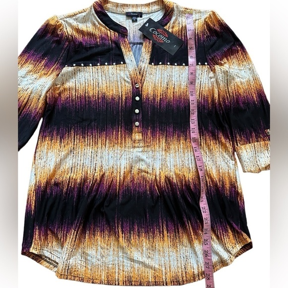 COCOMO XL Orange Purple Studded 3/4 sleeve abstract women’s Pintuck Blouse top - Picture 7 of 10